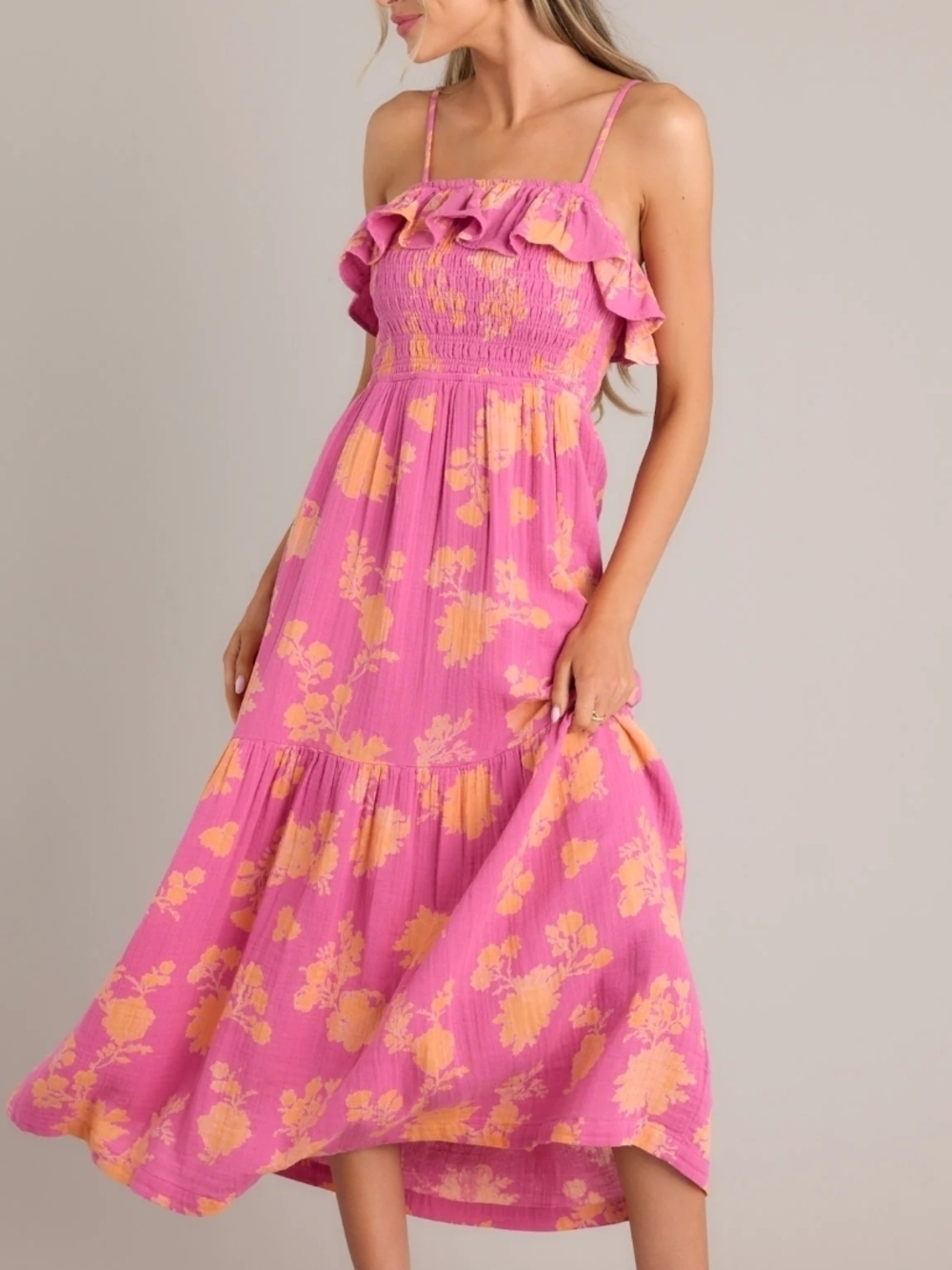 Pink Floral Ruffle Maxi Dress